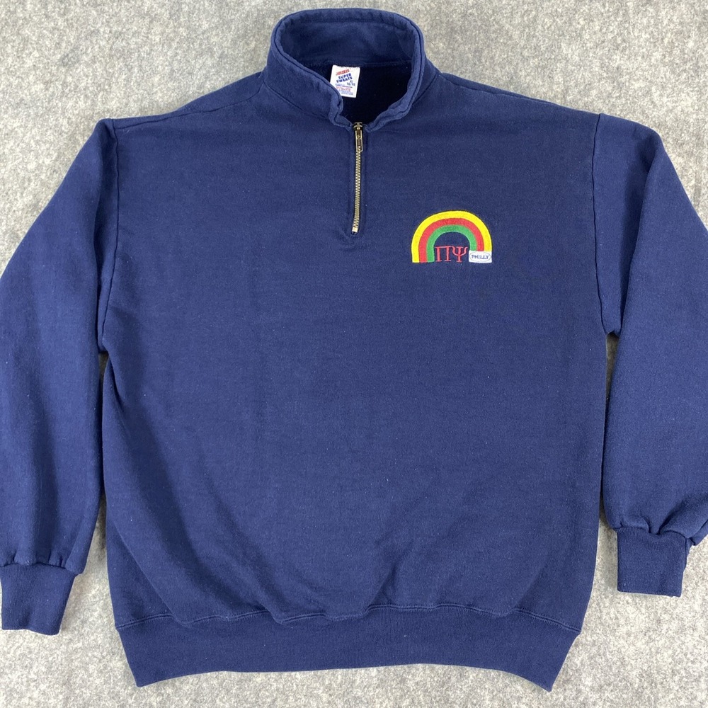 VTG Jerzees Sweatshirt Mens XL Blue NY Philly Super Sweats 1/4 Zip 90s USA Made
